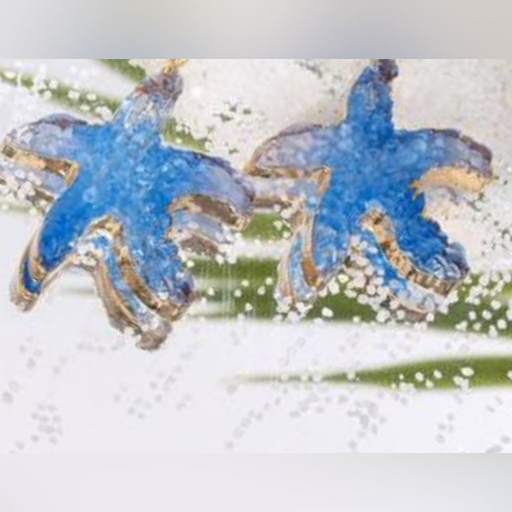 “Blue Druzy Starfish” Gold Dipped Geode Ocean Sea Marine Tropical Steel Earrings - Picture 10 of 11
